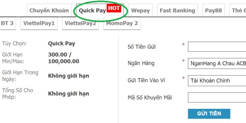 Lưu ý với tính năng Quickpay trong W88